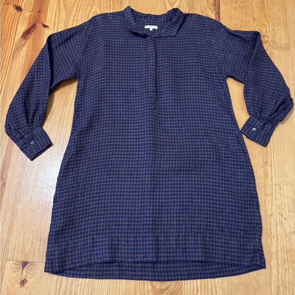 Ann Mashburn Anaya Popover Dress in Brown Navy Gingham Linen Size MED - Picture 7 of 15